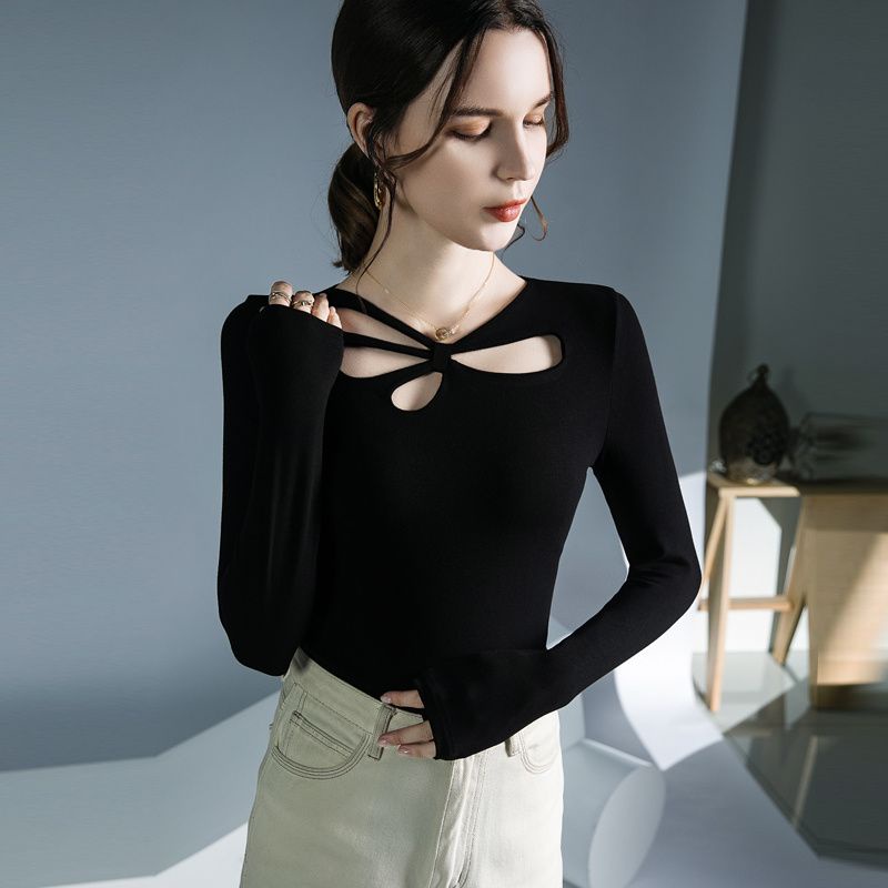 De velvet black cross hollow thiết kế mùa thu và mùa đông không thường xuyên bên trong top chic warm ladies t-shirt