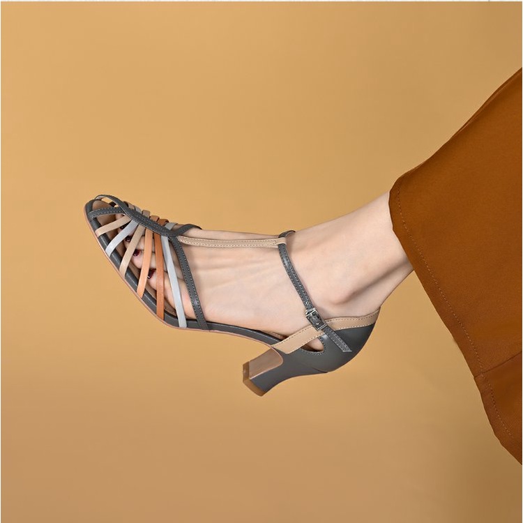 Ông Mr. Mr. Mr. Mr Giày Cao Gót Da Thật Đế Dày Hở Ngón Cài Khóa Màu Sắc Retro Thời Trang Mùa Hè Cho Nữ