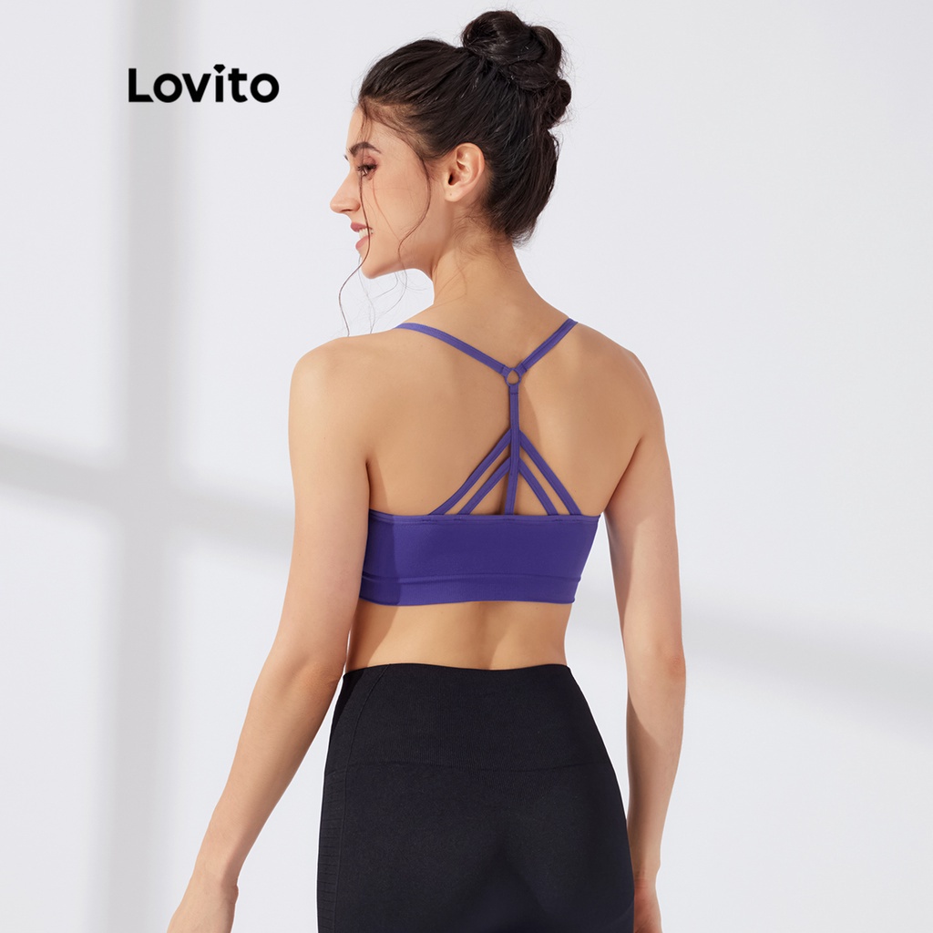 Áo ngực thể thao Lovito màu trơn dây đai chéo dạng ngắn có miếng lót tháo gỡ được L23AD005 (màu xanh lam)