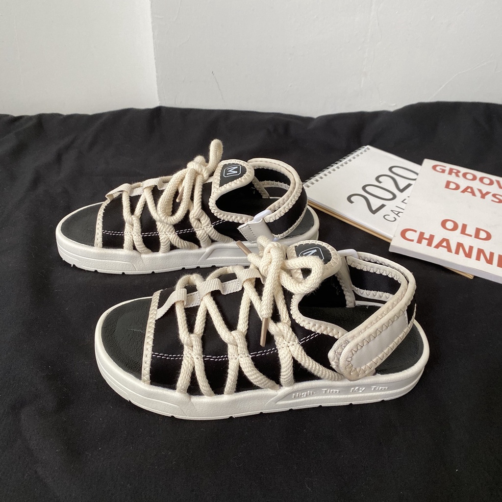 Giày Sandal Cột Dây Đế Bằng Phong Cách Hàn Quốc Thời Trang Mùa Hè 2021