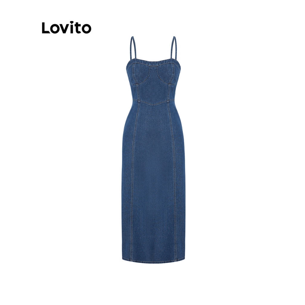 Lovito Đầm denim dáng chữ A midi màu trơn đơn giản dành cho nữ L47ED150 (Màu xanh da trời)