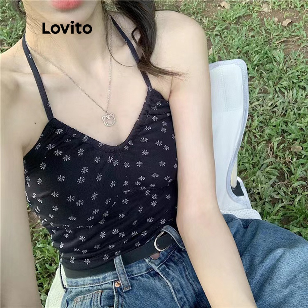Áo Lovito không tay cổ yếm thắt dây phía sau họa tiết hoa nhỏ thường ngày dành cho nữ LNA04098 (màu đen)