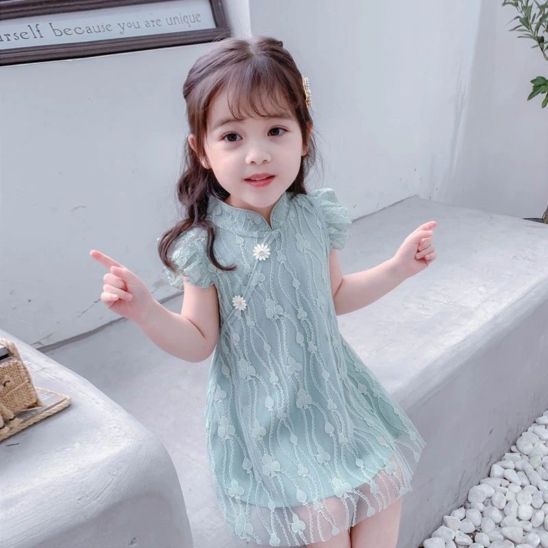 Đầm Sườn Xám Ngắn Tay Phối Ren Phong Cách Trung Hoa Thời Trang Mùa Hè Cho Bé Gái