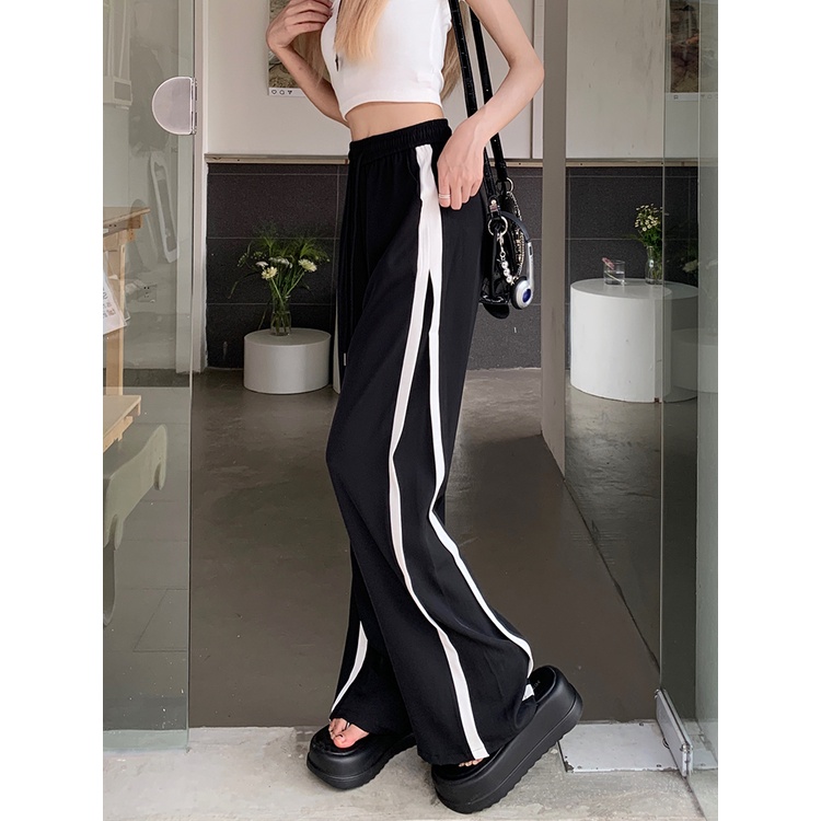 Lalisas Quần Dài Ống Rộng Lưng Cao Co Giãn Phối Dây Rút Thời Trang Cho Nữ