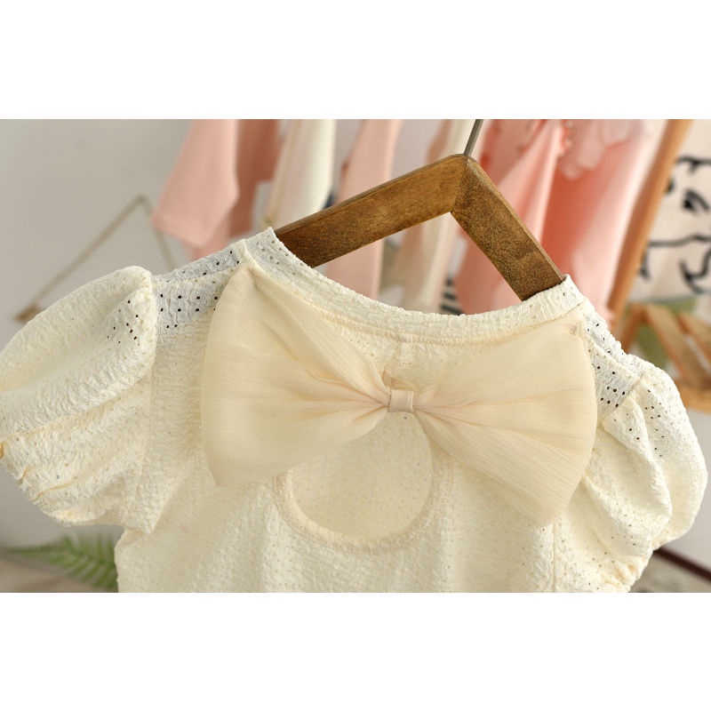 Áo Thun Ngắn Tay Hở Lưng Thoáng Khí Đính Nơ Dễ Thương Cho Nữ