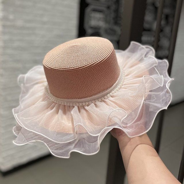 Mũ Cói Đi Biển Phối Ren Đính Ngọc Trai Phong Cách Anh Quốc Thời Trang Xuân Hè Cho Nữ