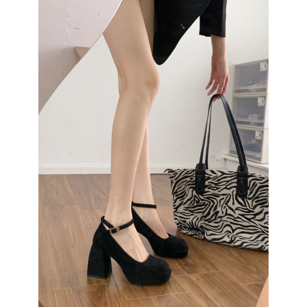 Pháp khóa phẳng giày cao gót phụ nữ giày gót dày phụ nữ giày phù dâu nền tảng ngón chân vuông đế dày mary jane giày