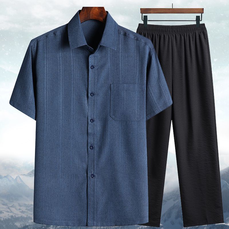 Spring and autumn men áo sơ mi dài-tay + quần dài trung niên người già cotton linen ngắn-tay dài cỡ lớn thời trang