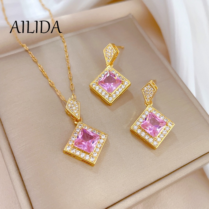 Bộ Dây Chuyền + Bông Tai Bằng Thép Titan Dát Đá Zircon Sang Trọng