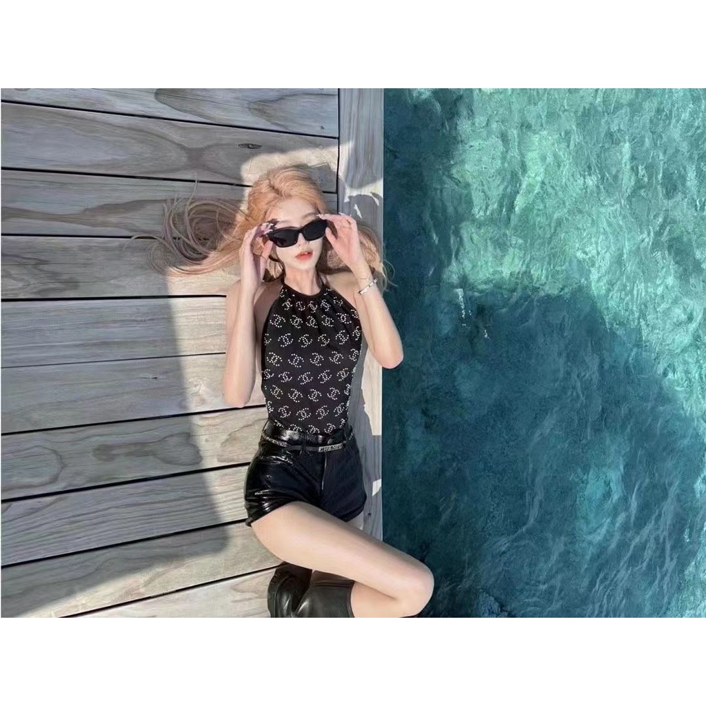 Áo Tắm Co Giãn Jersey &amp; Strass Đen &amp; Bạc