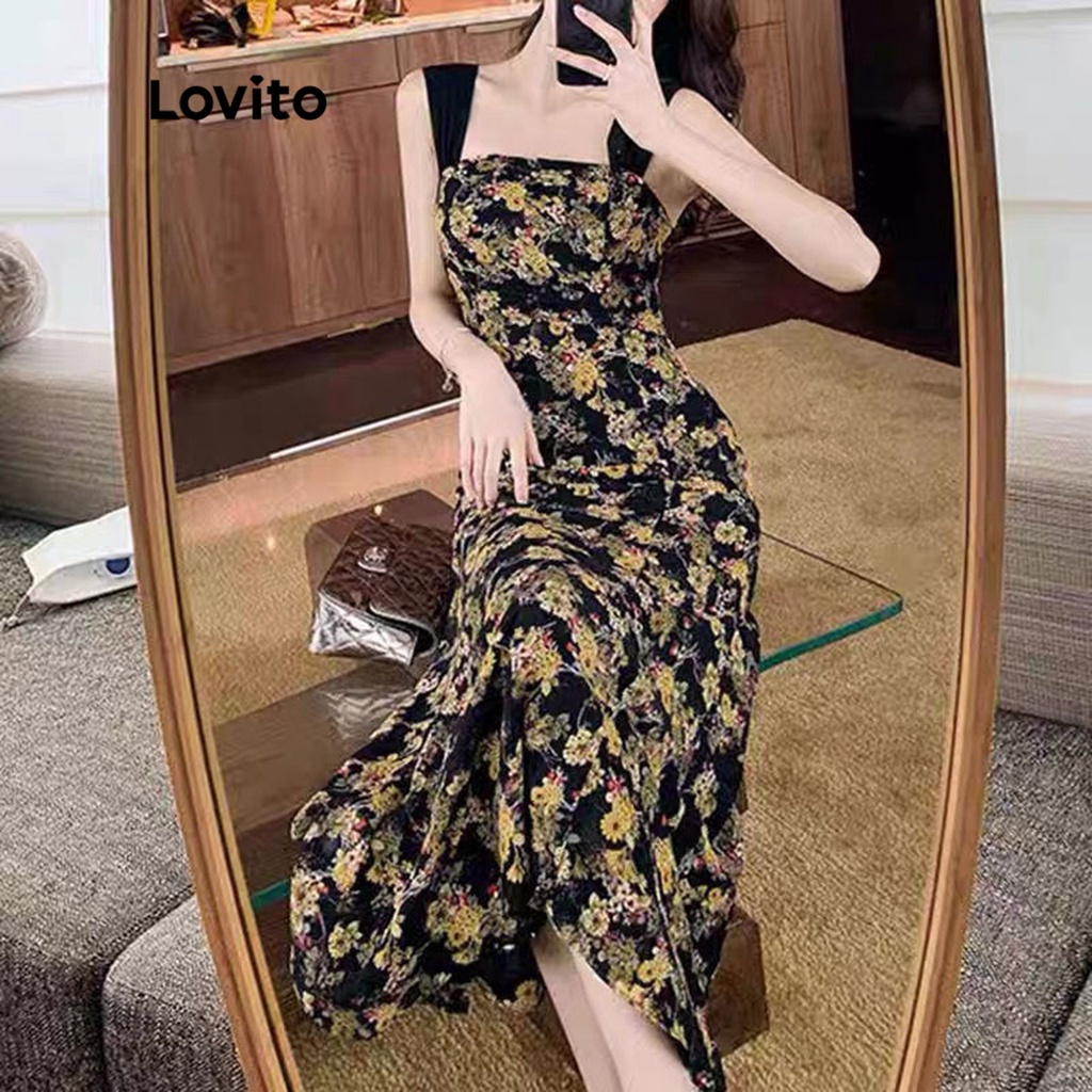 Đầm LOVITO thắt dây họa tiết hoa thường ngày dành cho nữ LNA02128 (màu đen)