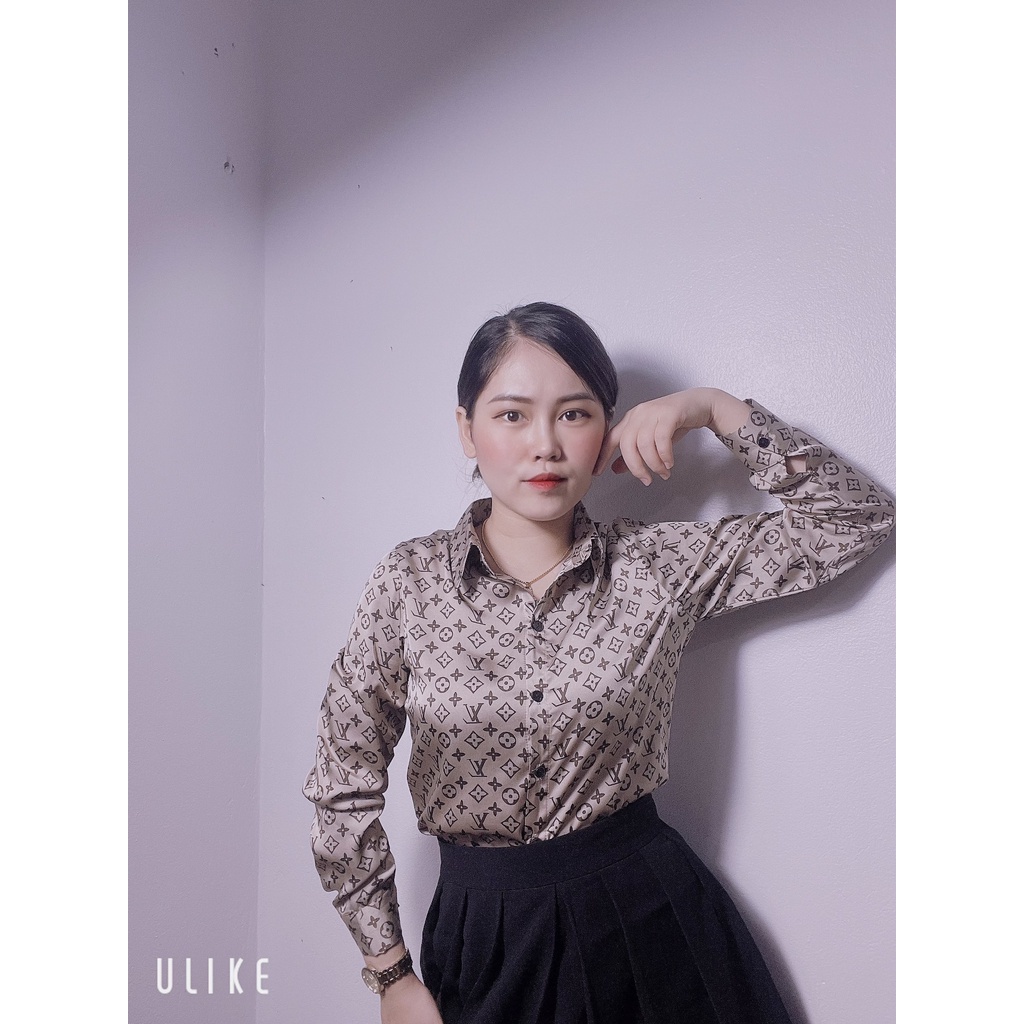 Áo sơ mi tay dài lụa cao cấp công sở áo sơ mi họa tiết chữ lv nâu đen ghi thiết kế HK Official cao cấp