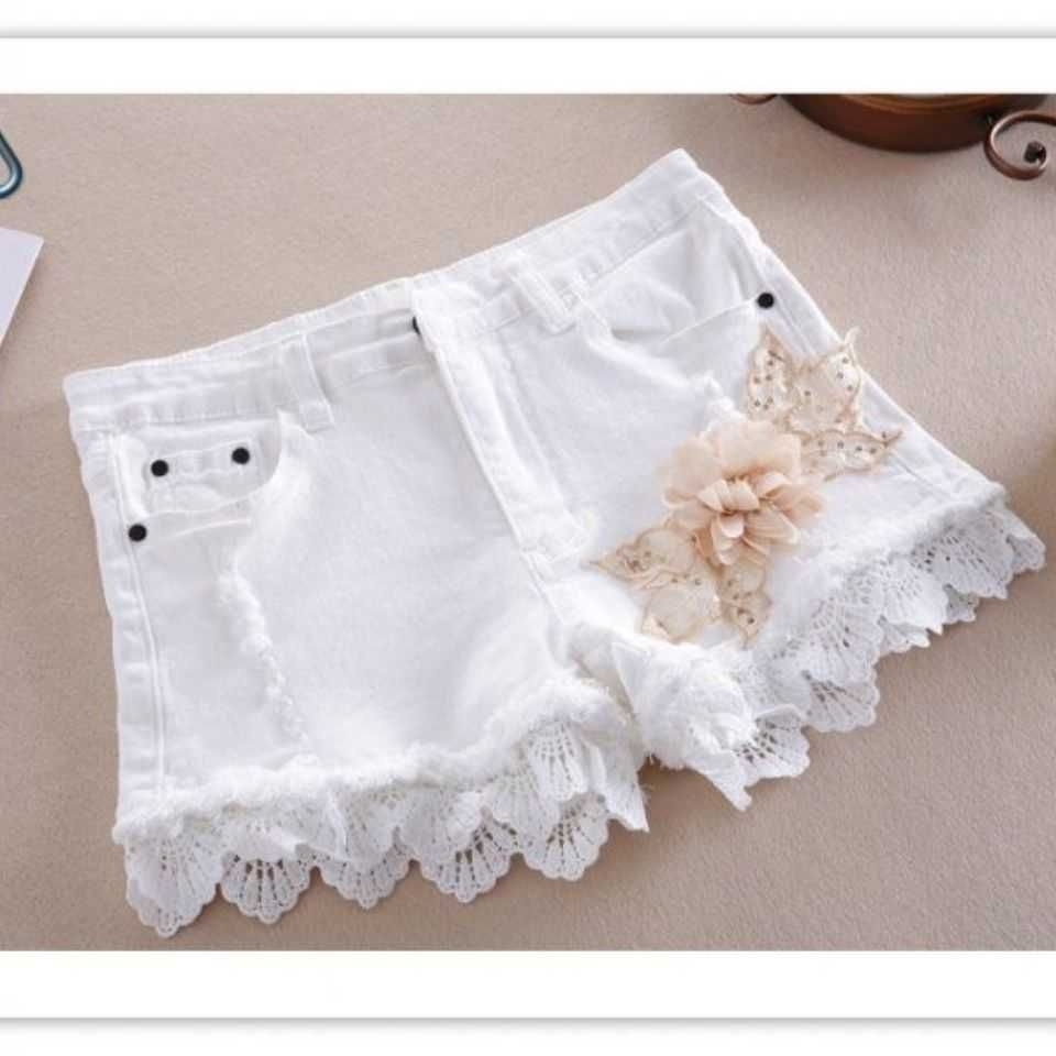 Quần Short Denim Lưng Cao Ống Rộng Thêu Họa Tiết Phong Cách Hàn Quốc Cho Nữ