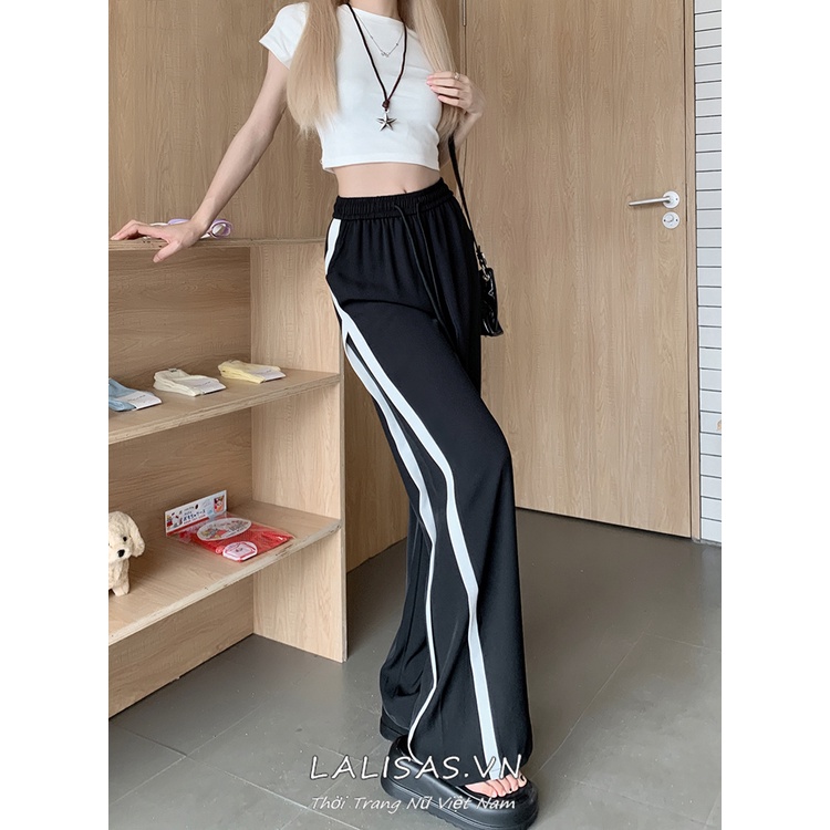 Lalisas Quần Dài Ống Rộng Lưng Cao Co Giãn Phối Dây Rút Thời Trang Cho Nữ