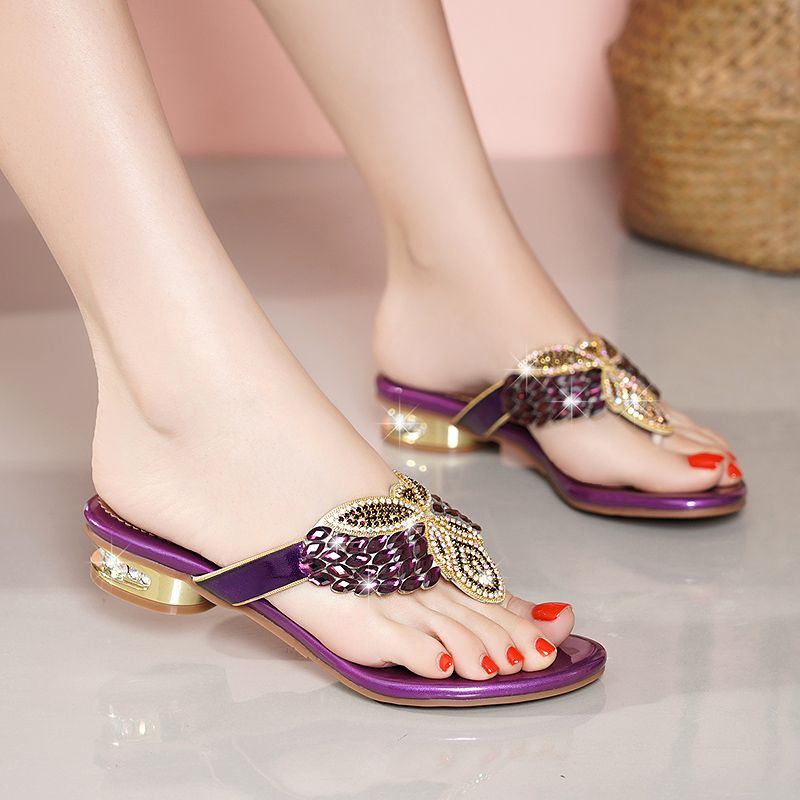 Dép Da Đế Bằng Đính Đá Trang Trí Sang Trọng Thời Trang Cho Nữ Size 35-41