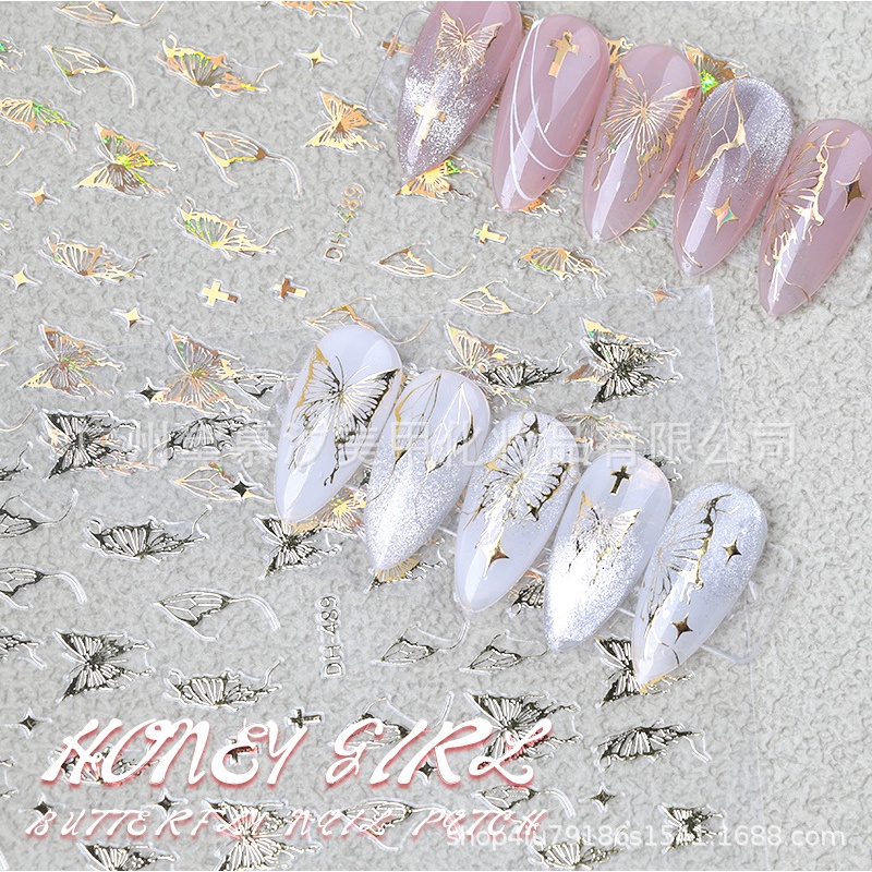 Hình Dán Trang Trí Móng Tay 3D Họa Tiết Bướm Rỗng Màu Laser Cực Quang Vàng Bạc Đen Trắng Phong Cách Mới Bán Chạy