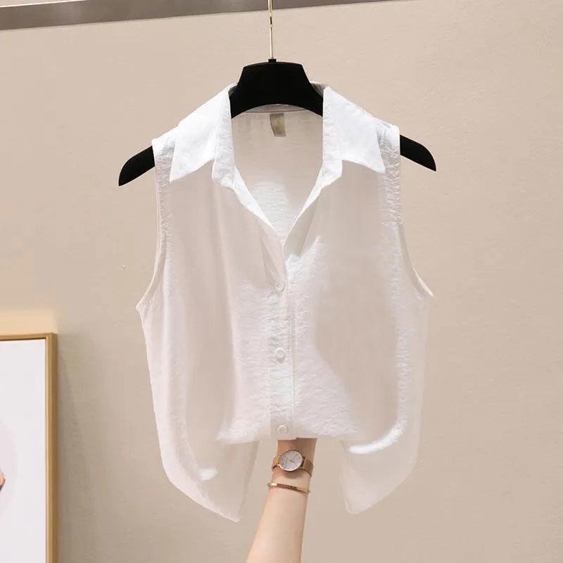 Áo Sơ Mi Chiffon Mỏng Không Tay Cổ Polo Màu Trơn Phong Cách Hàn Quốc Thời Trang Mùa Hè Hàng Mới 2023