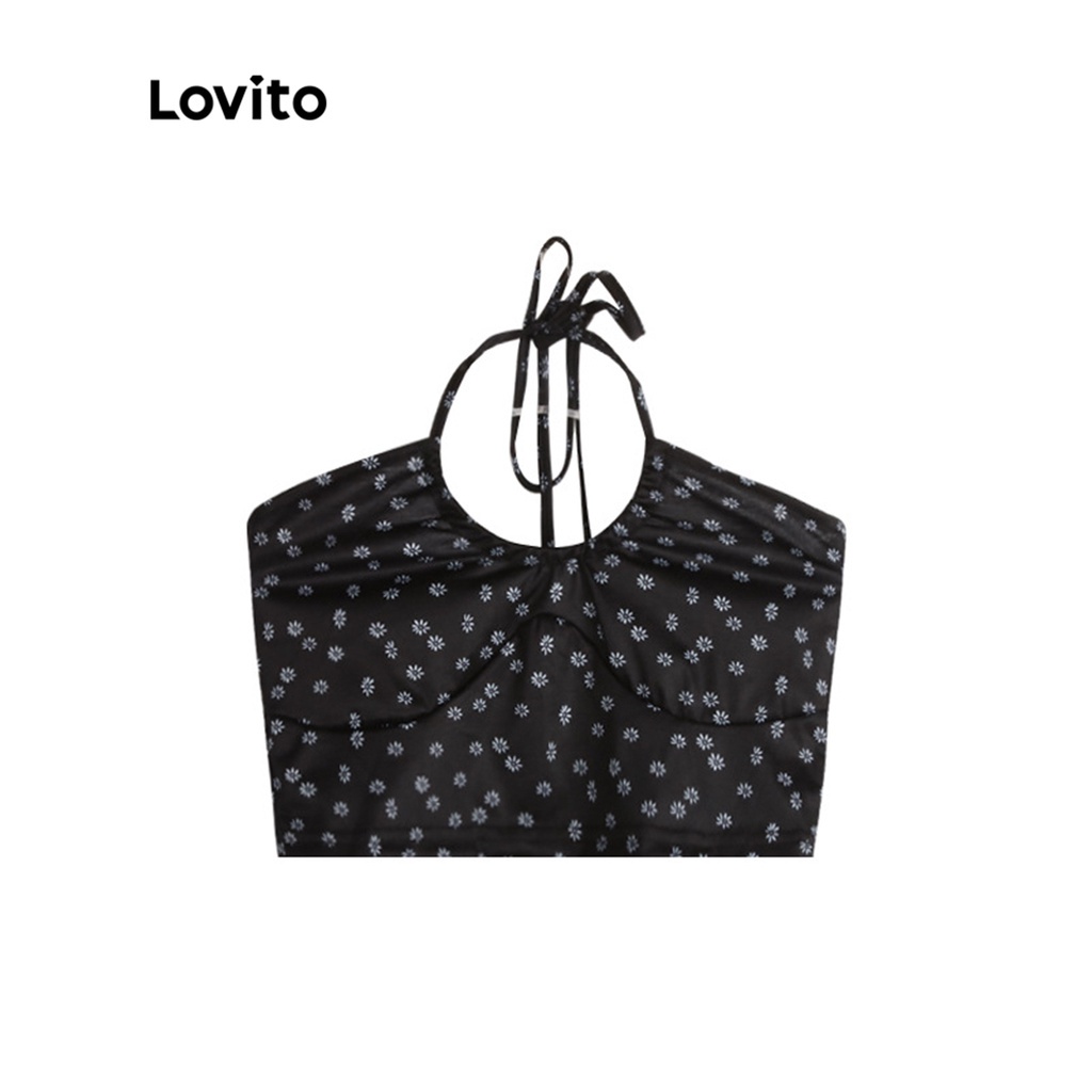 Áo Lovito không tay cổ yếm thắt dây phía sau họa tiết hoa nhỏ thường ngày dành cho nữ LNA04098 (màu đen)