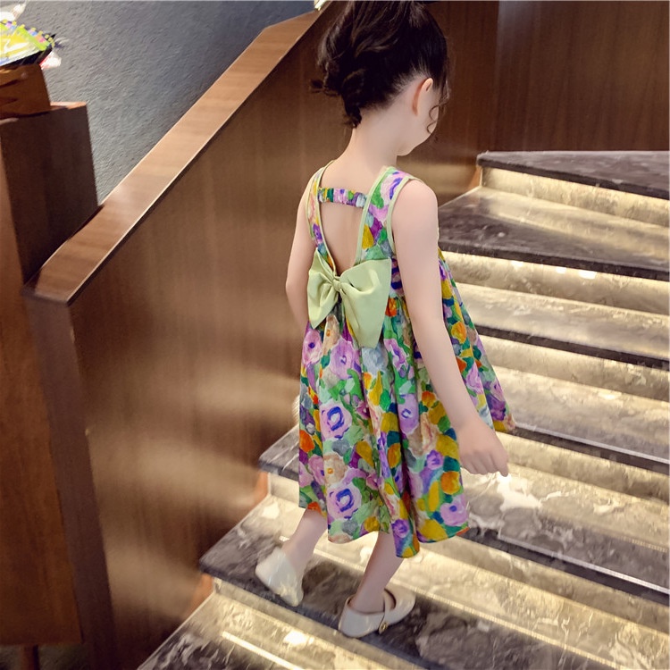 Đầm công chúa hở lưng họa tiết hoa đính nơ ngọt ngào mùa hè cho bé gái