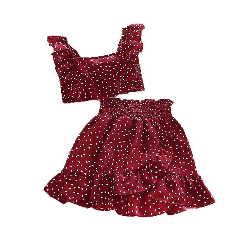 Set đồ SIYYIS áo kiểu crop top và chân váy dáng chữ A họa tiết chấm bi thời trang mùa hè xinh xắn cho bé gái 5-12 tuổi