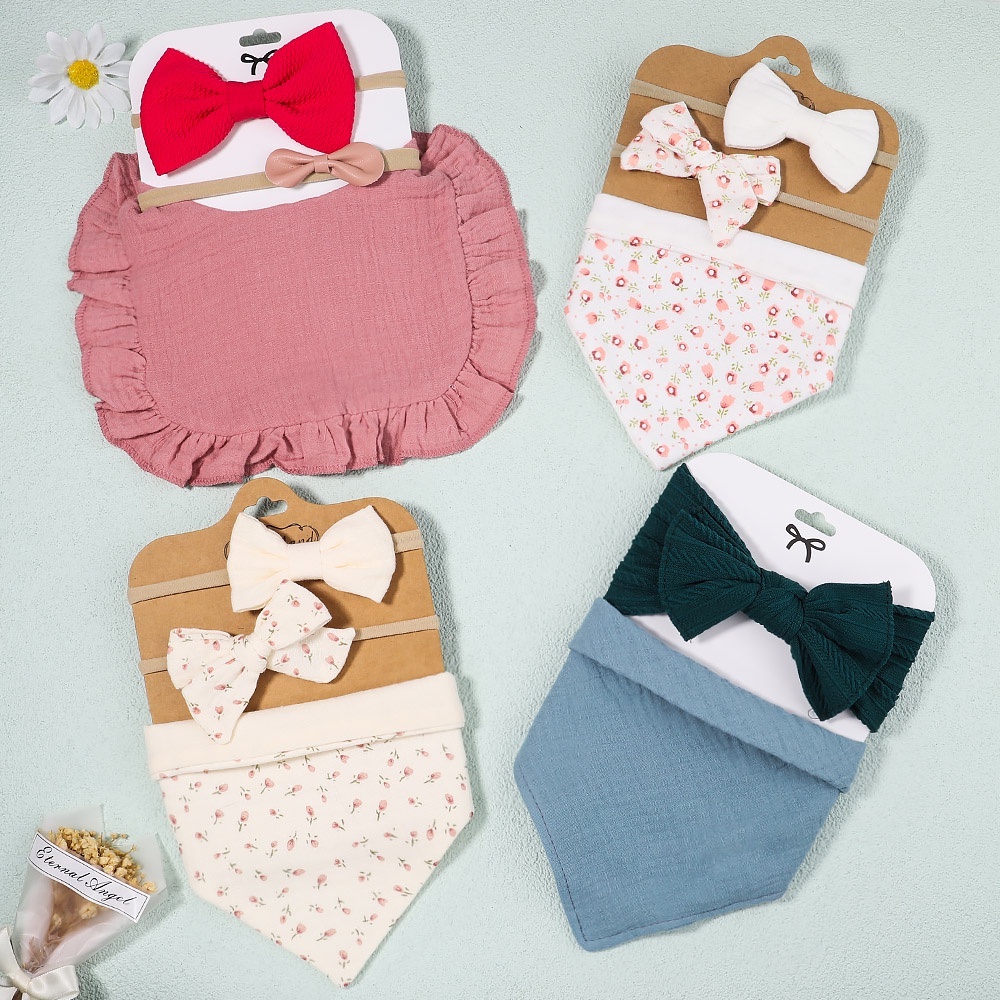 KIDSBOWS Set yếm ăn kèm phụ kiện tóc KIDSBOWS cotton hình tam giác màu trơn chống thấm nước dành cho bé