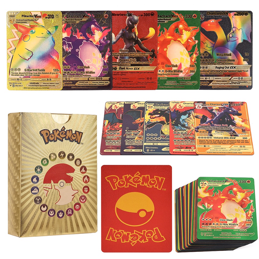 Bộ 55 Thẻ Bài Pokemon Kim Loại Màu Vàng Kim Vmax GX