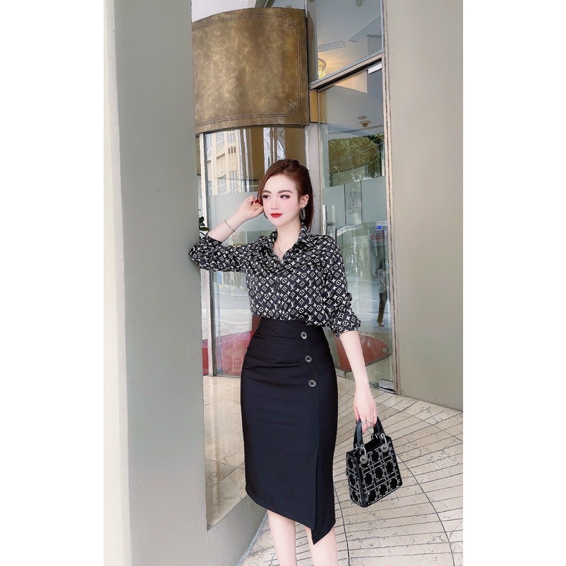 Áo sơ mi tay dài lụa cao cấp công sở áo sơ mi họa tiết chữ lv nâu đen ghi thiết kế HK Official cao cấp