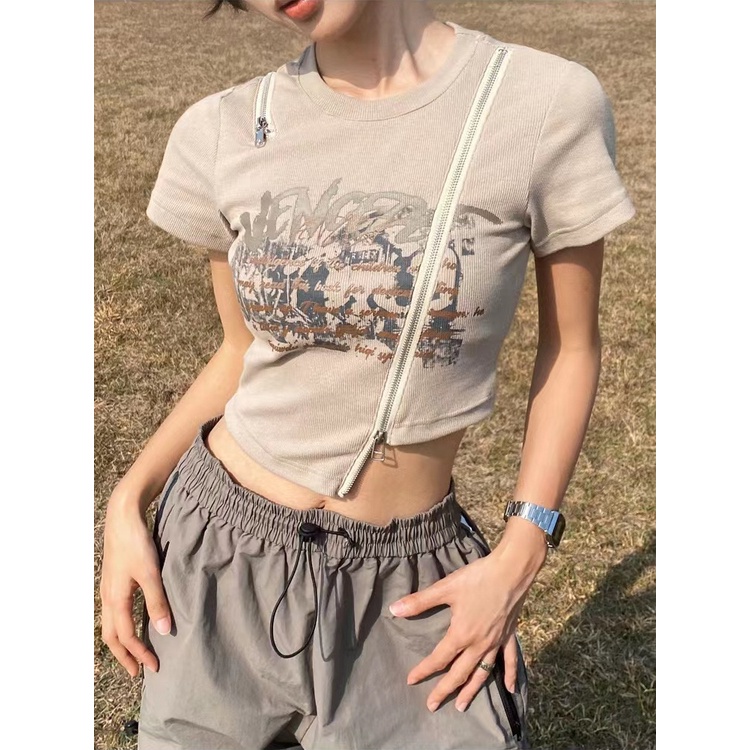 [F &amp; X] Áo Thun Cotton Ngắn Tay Phối Khóa Kéo Lệch Vai Phong Cách Công Nghiệp Retro Mỹ Độc Đáo