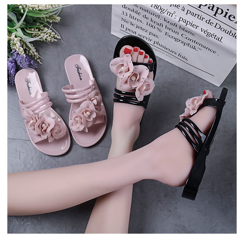 Dép Sandal Nhựa Dẻo Đế Bằng Chống Thấm Nước Đính Hoa Thời Trang Hàn Quốc Cho Nữ