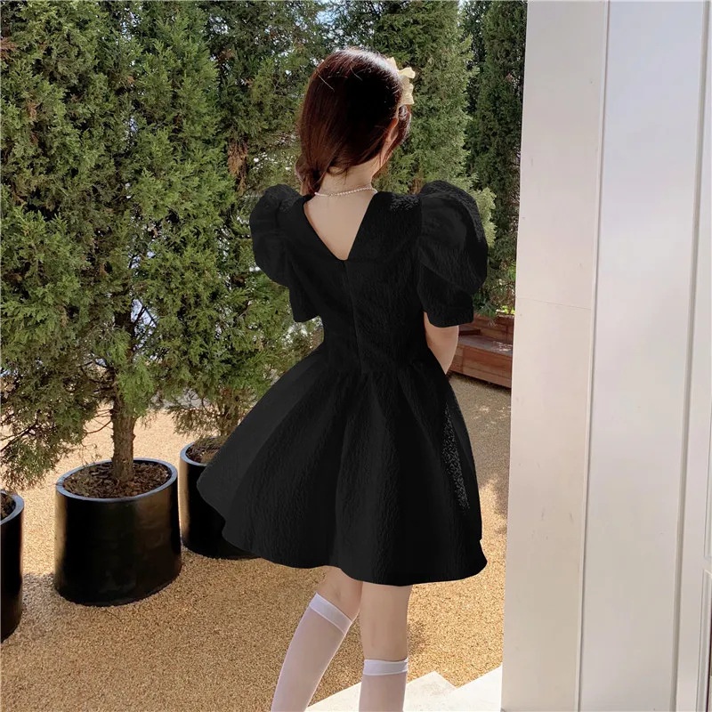 Kayna Đầm Tay Phồng Cổ Chữ V Màu Trơn Phong Cách retro Pháp Thời Trang Mùa Hè Cho Nữ