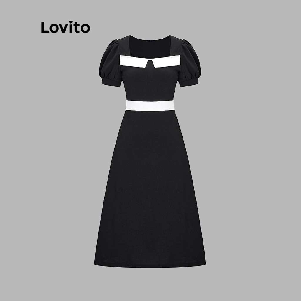 Lovito Đầm Maxi Chữ A Tay Ngắn Màu Trơn Thanh Lịch Cho Nữ L49ED119 (Đen và trắng)