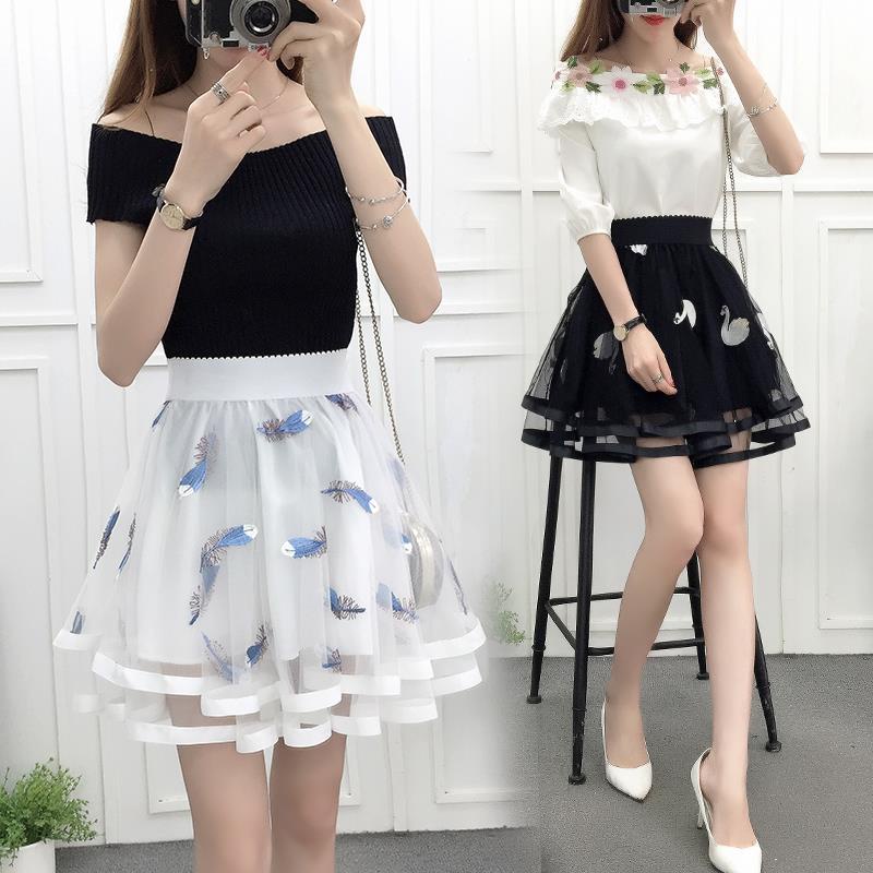 Chân Váy Chữ A Lưng Thun Phối Lưới Thêu Họa Tiết Thời Trang Mùa Hè Mới 2023