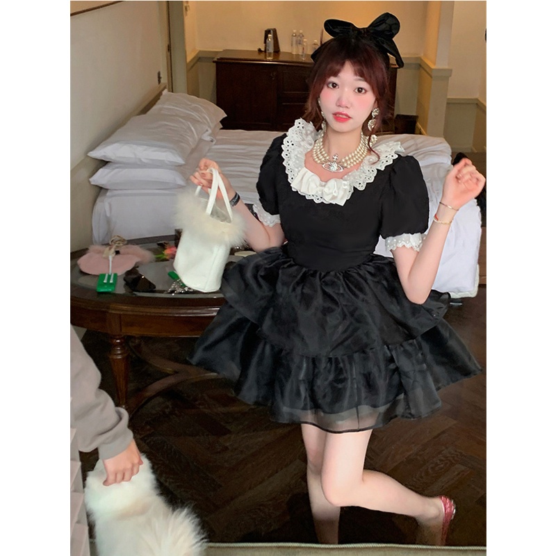 Tính khí ngọt ngào gạc khâu puff tay áo váy mùa hè phong cách mới hẹp eo thon hơn nhìn công chúa váy phồng váy ngắn