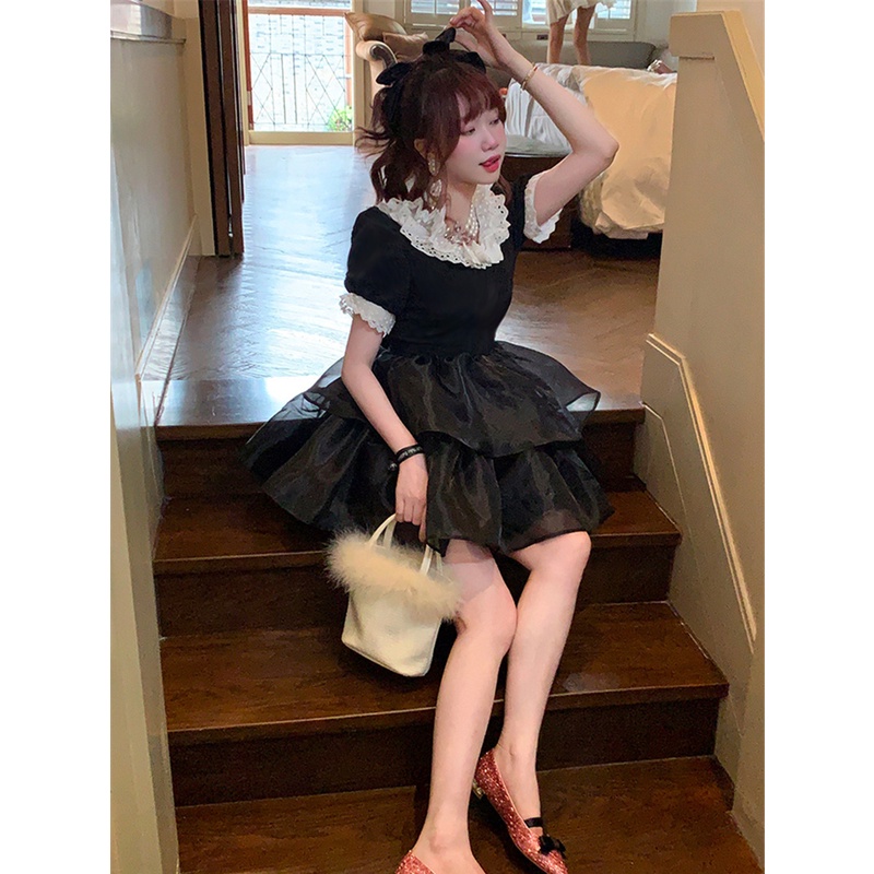 Tính khí ngọt ngào gạc khâu puff tay áo váy mùa hè phong cách mới hẹp eo thon hơn nhìn công chúa váy phồng váy ngắn