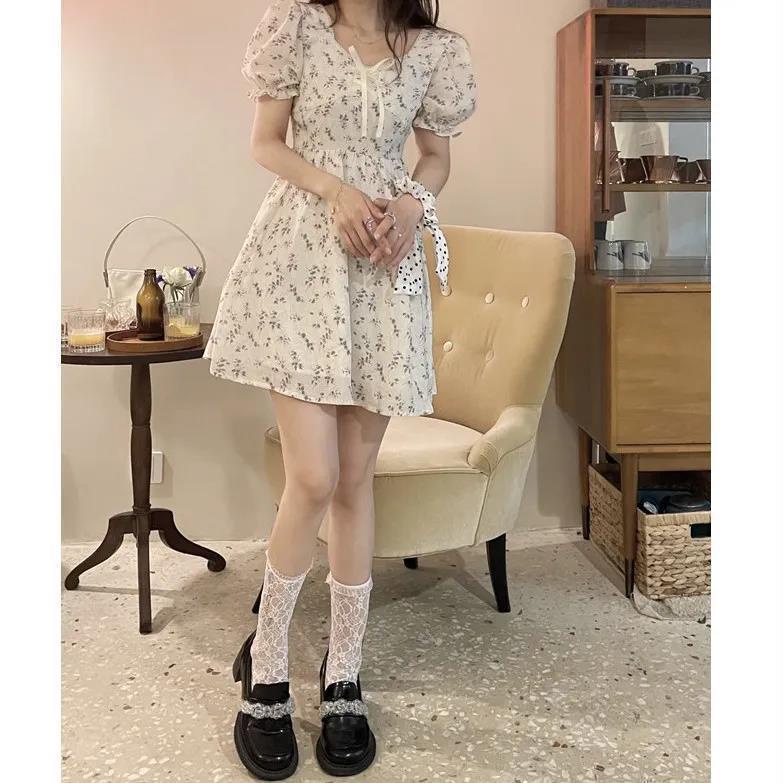 Đầm Chiffon Tay Phồng In Hoa Màu Sắc Tươi Sáng Phong Cách Pháp Thời Trang Mùa Hè Cho Học Sinh