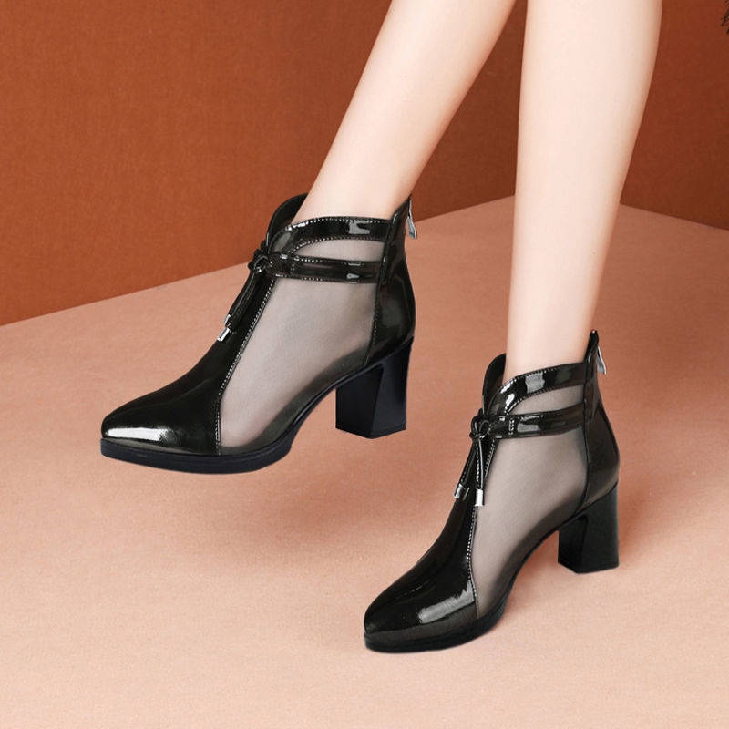 Giày Bốt Da Bóng Gót Dày Phối Lưới Thoáng Khí Thời Trang Xuân Hè 2022