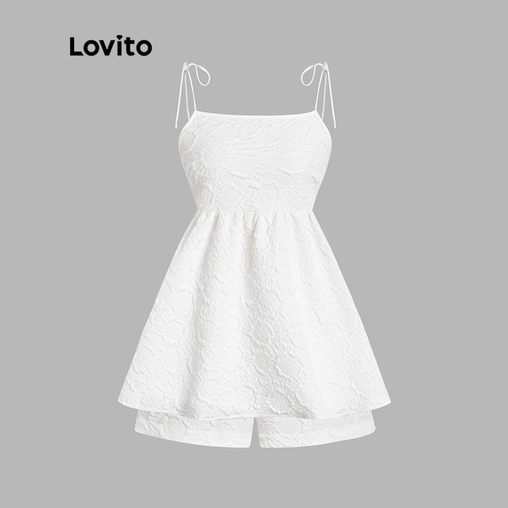 Lovito Casual Plain Ruffle Hem Tie Shirred Shorts Sets for Women L45AD046 (Trắng)