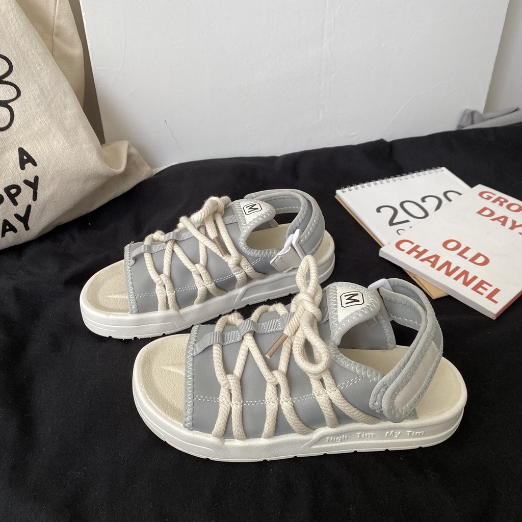 Giày Sandal Cột Dây Đế Bằng Phong Cách Hàn Quốc Thời Trang Mùa Hè 2021