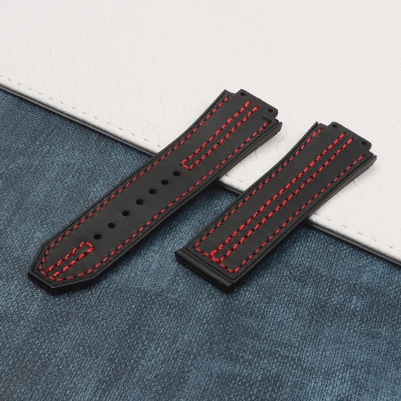HUBLOT Dây Đeo Đồng Hồ Bằng Da Bò Thật 25 * 17mm Có Khóa Gài Bằng Thép Không Gỉ Màu Đỏ Đen Cho Nam