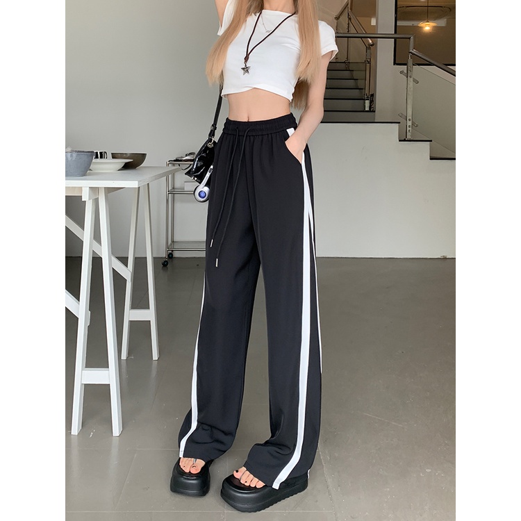 Lalisas Quần Dài Ống Rộng Lưng Cao Co Giãn Phối Dây Rút Thời Trang Cho Nữ