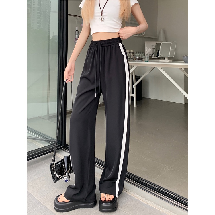 Lalisas Quần Dài Ống Rộng Lưng Cao Co Giãn Phối Dây Rút Thời Trang Cho Nữ