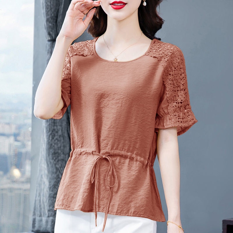 Áo chiffon Tay Ngắn Phối Ren Thời Trang Mùa Hè Cho Nữ