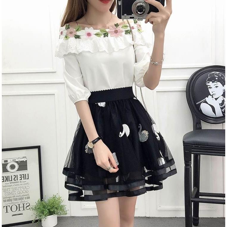 Chân Váy Chữ A Lưng Thun Phối Lưới Thêu Họa Tiết Thời Trang Mùa Hè Mới 2023