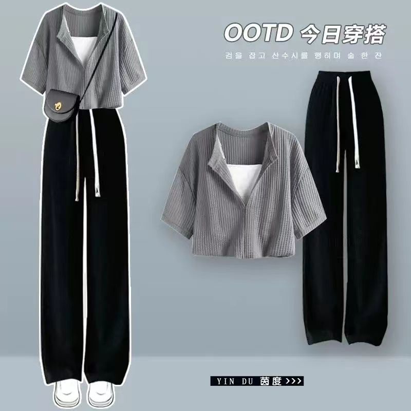 Bộ Áo Thun Tay Ngắn Dáng Rộng + Quần Ống Rộng Thời Trang Hàn Quốc 2023#0620#