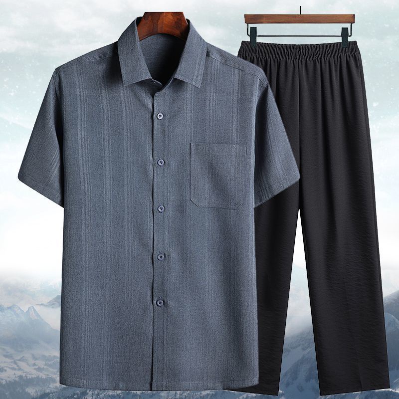 Spring and autumn men áo sơ mi dài-tay + quần dài trung niên người già cotton linen ngắn-tay dài cỡ lớn thời trang