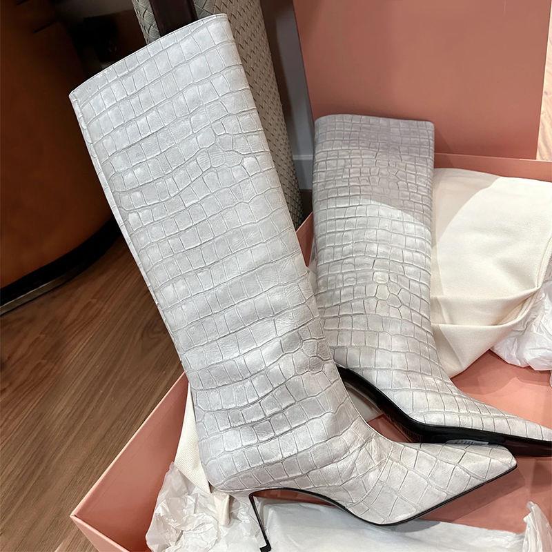 Bốt Cao Gót Mũi Vuông Họa Tiết Da Cá Sấu Phong Cách Âu Mỹ Mẫu Mới 2023