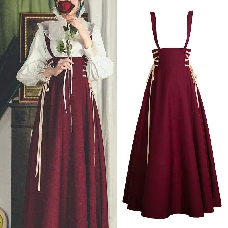 Váy Yếm Eo Cao Dáng Dài Màu Đỏ Rượu Vang Trẻ Trung Phong Cách vintage Pháp