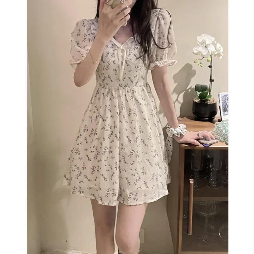 Đầm Chiffon Tay Phồng In Hoa Màu Sắc Tươi Sáng Phong Cách Pháp Thời Trang Mùa Hè Cho Học Sinh