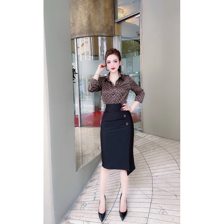 Áo sơ mi tay dài lụa cao cấp công sở áo sơ mi họa tiết chữ lv nâu đen ghi thiết kế HK Official cao cấp