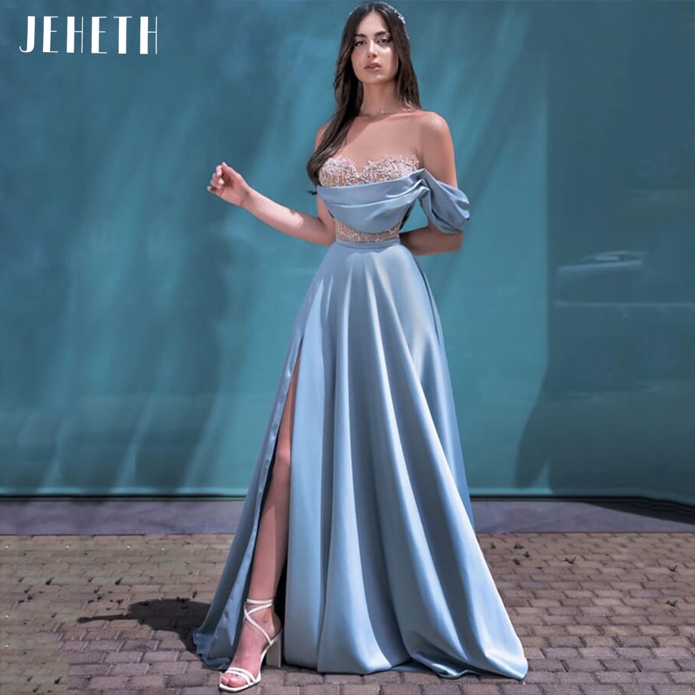 กระแสน้ำJEHETH ĐầM Dạ HộI Xẻ Cao Một Bên Vai Satin Gợi Cảm ĐẦM Cocktail Dạ Tiệc Ren Chữ A Ngọt Ngào Áo Choàng Dài Sàn De